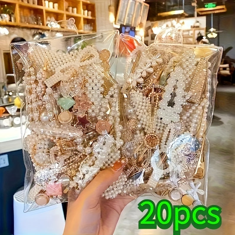 A Set of 20 Elegant Pearl Bow Hairpins, Featuring French-Style Hair Clips, Exquisite Korean Side Tassel Hairpins, Practical Plastic Duckbill Clips, And Fashionable Accessories in Random Styles.