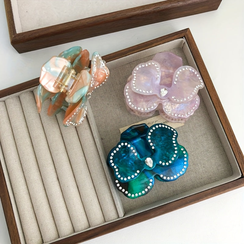 1pc Bohemian Floral Rhinestone Hair Clip - Acetate Marble Glitter Hairpin with Sparkling Flower Design, Medium Size Hair Accessories for Women, Beach Travel Party, Valentine's Gift (Bright Pink/Teal Green/Orange-Red/), Cute Hair Accessories, Luxury