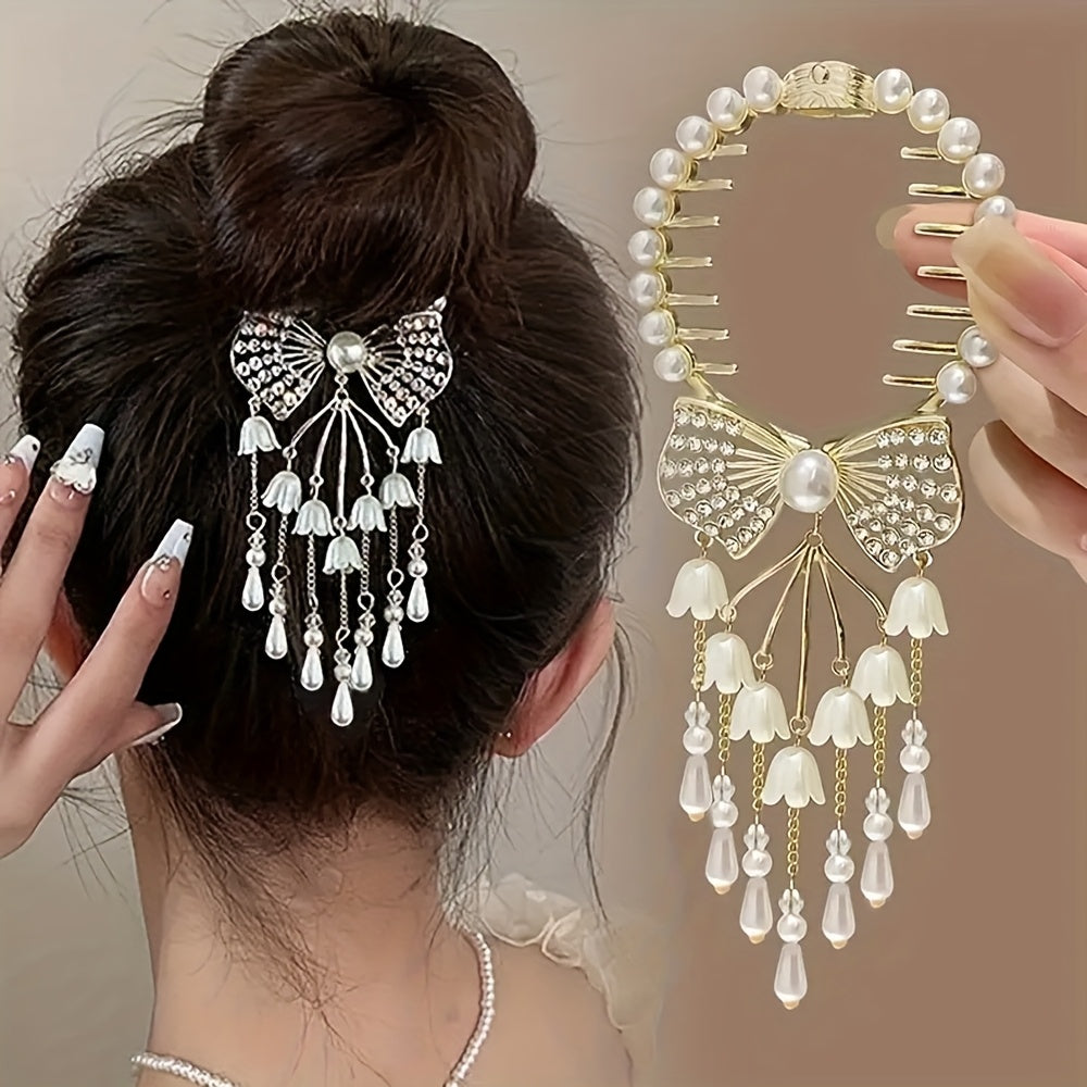 6pcs Elegant Golden Lily and Bow Tassel Hair Clips - Fashion Alloy Hair Clips, Perfect Gift for Ladies and Girls, Retro Style, Photo Props, Casual Leisure Occasions