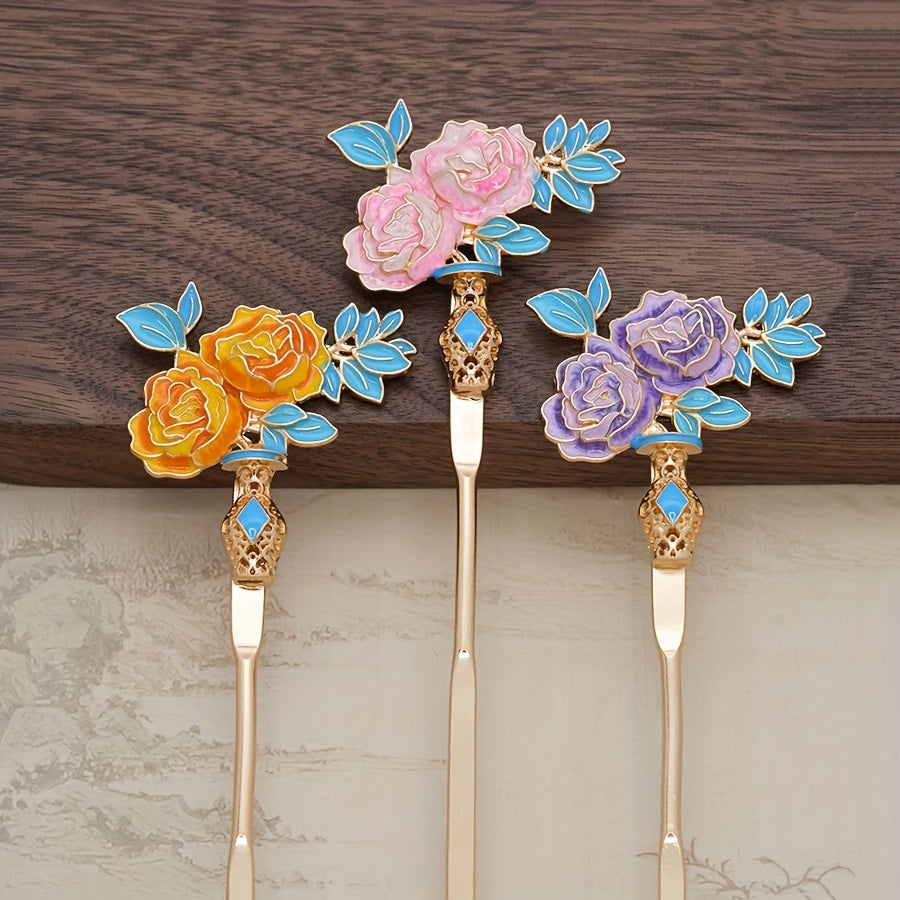 3pcs Chinese-Style Hair Pins with Candy-Colored Floral Design & Golden Accents - Traditional Asian Hair Accessories for Parties, Daily Wear, Back to School