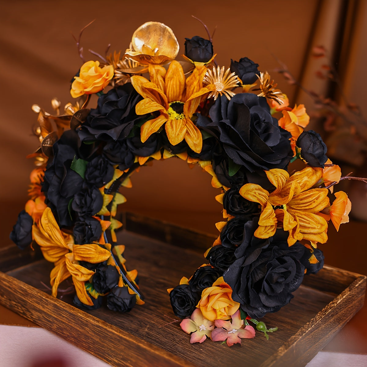 [Golden Artificial Flower Hair Ring] Handmade Golden Black Artificial Flower Hair Ring Women's Hairpin Hair Decoration Headwear Hair Tie Wedding Accessories