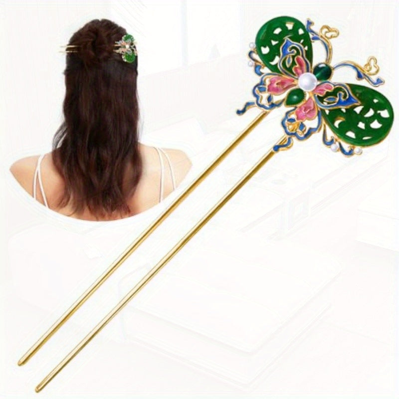 Hair Accessories 14k Gold Plated Copper Vintage Handcrafted Colour Enamels Jade Butterfly UShape Hair Stick And HairClip. Hair Chopsticks for Women, Hair Styling Tools, Bridal Hairpieces, Elegant Hair Clip, Decorative Hairpiece, Handcrafted Jewelry,