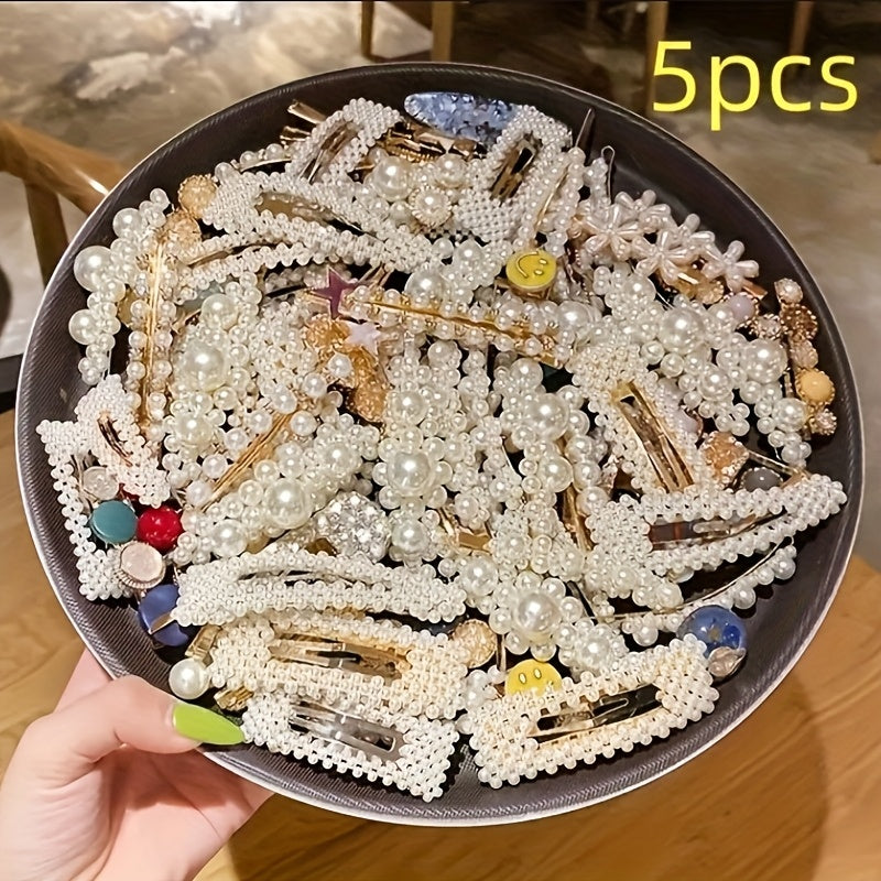 [Pearl Hair Clips] 5pcs Set Mixed Imitation Pearl Butterfly Bow Hair Clip Set | Suitable for Women and Girls - Imitation Pearl Duckbill Clip Hair Accessories